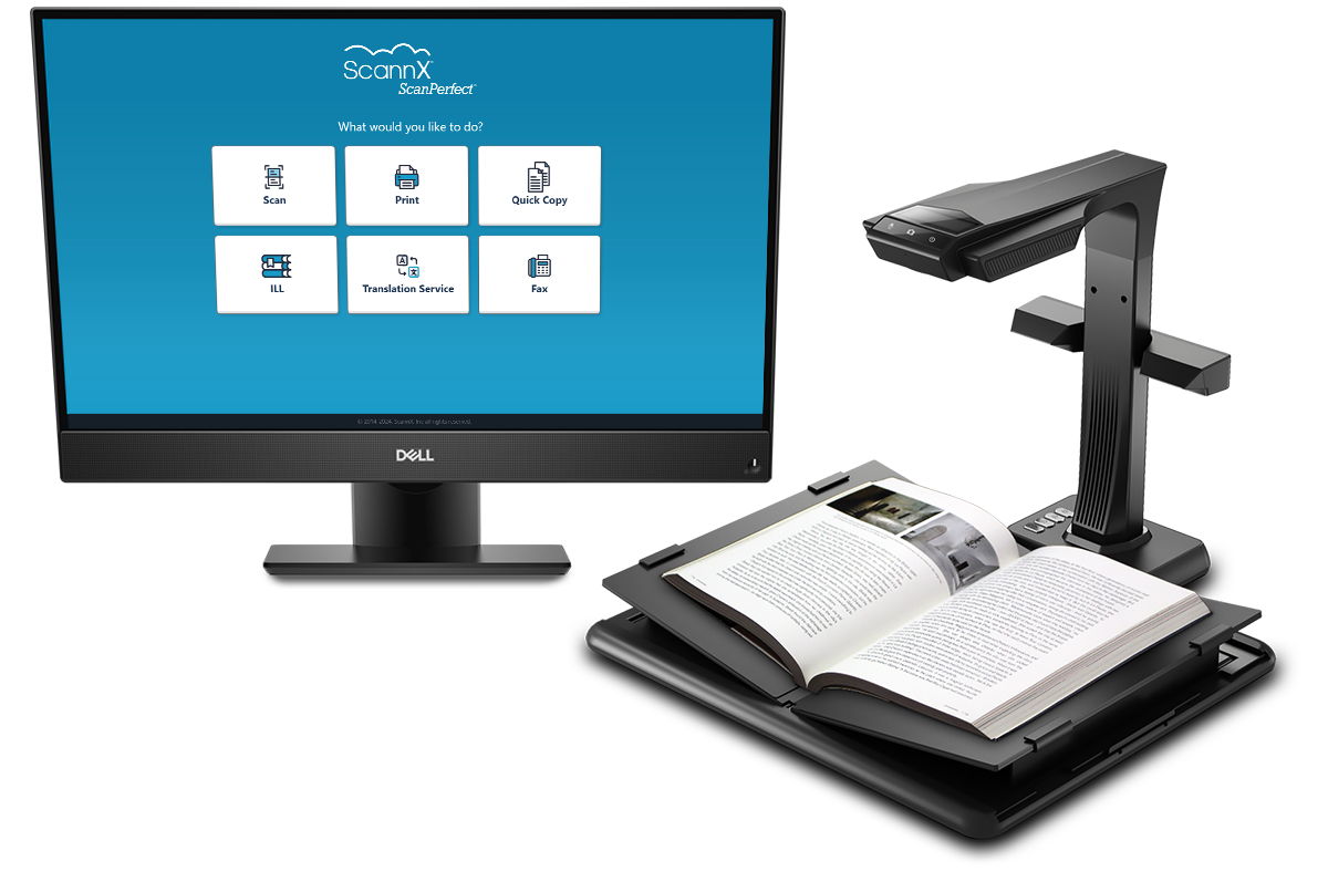 New ScannX ScanPerfect software's intuitive user interface makes navigating its features and functionalities easy for patrons and librarians. Shown with the Overhead Book Scanner 2800V.
